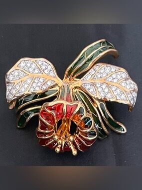 Joan Rivers Classics Collection Orchid Brooch, Enamel & Crystal